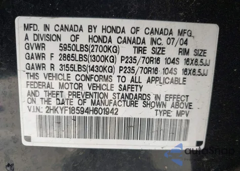 2004 Honda Pilot Ex-L from USA, damaged, VIN 2HKYF18594H601942